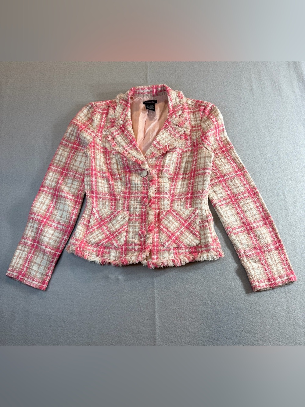 Pink Tweed Blazer Jacket Cropped Fringe Chanel Style Preppy Classic Womens